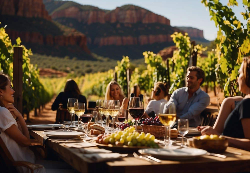 A luxurious wine tour through the scenic Sedona landscape, with vineyards and wineries, and a group of people enjoying wine tastings and breathtaking views