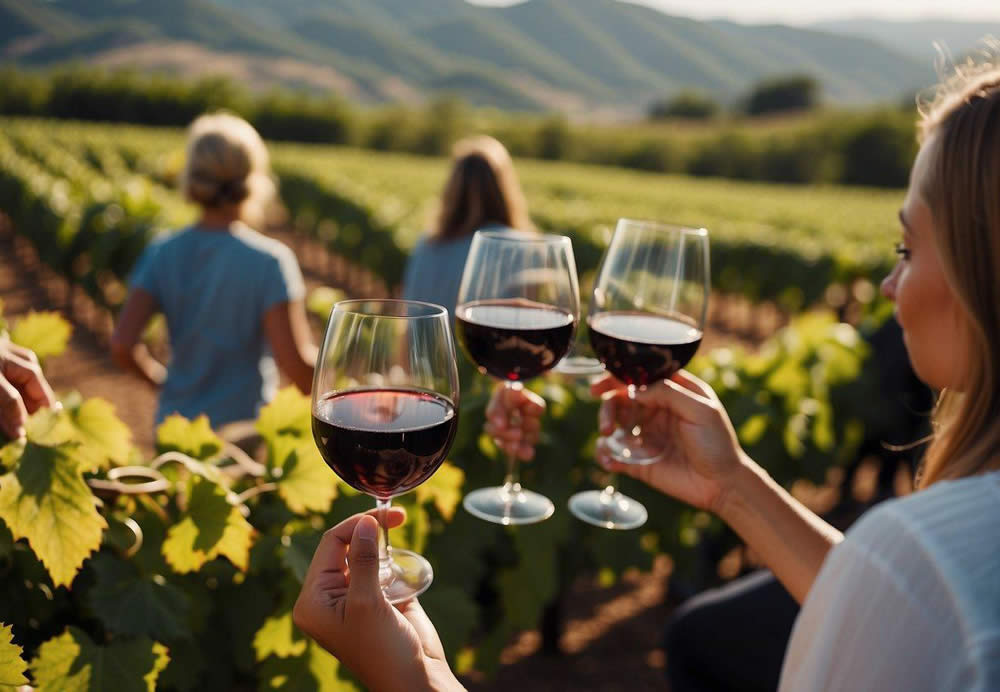 Guests enjoy wine tasting in a lush vineyard setting with rolling hills and rows of grapevines. A luxurious atmosphere with elegant wine glasses and scenic views