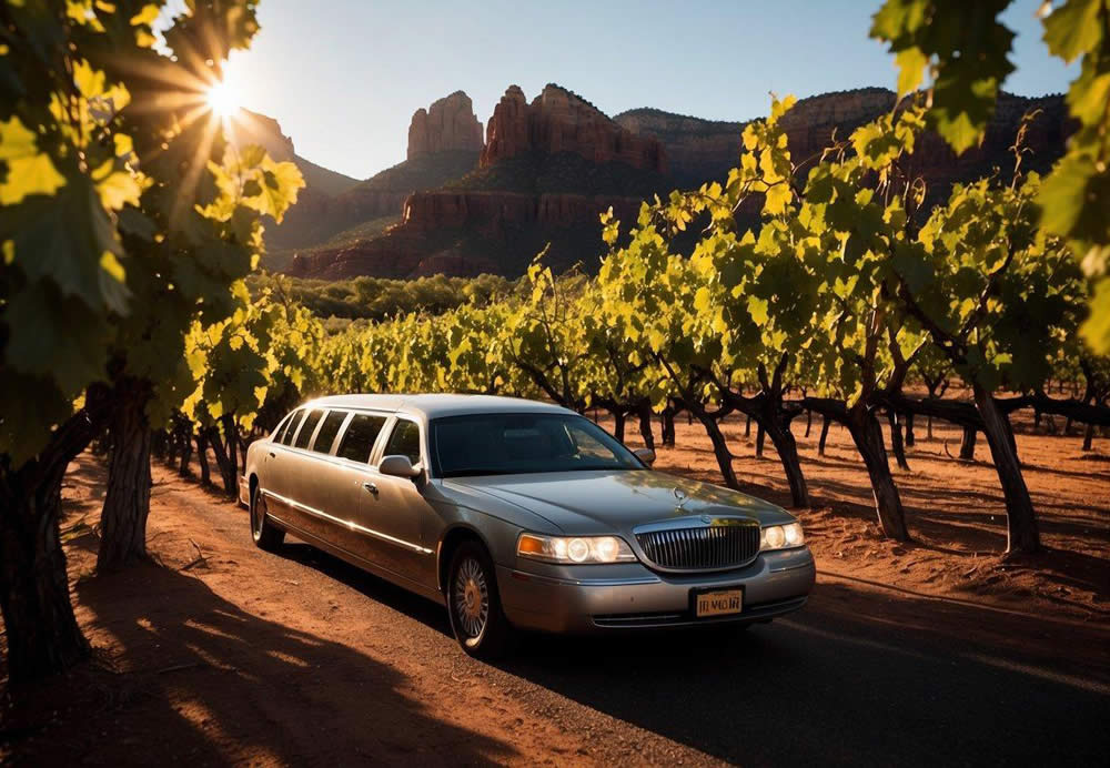 A sleek limousine pulls up to a vineyard in Sedona, with rows of lush grapevines in the background. The sun sets behind the mountains, casting a warm glow over the scene