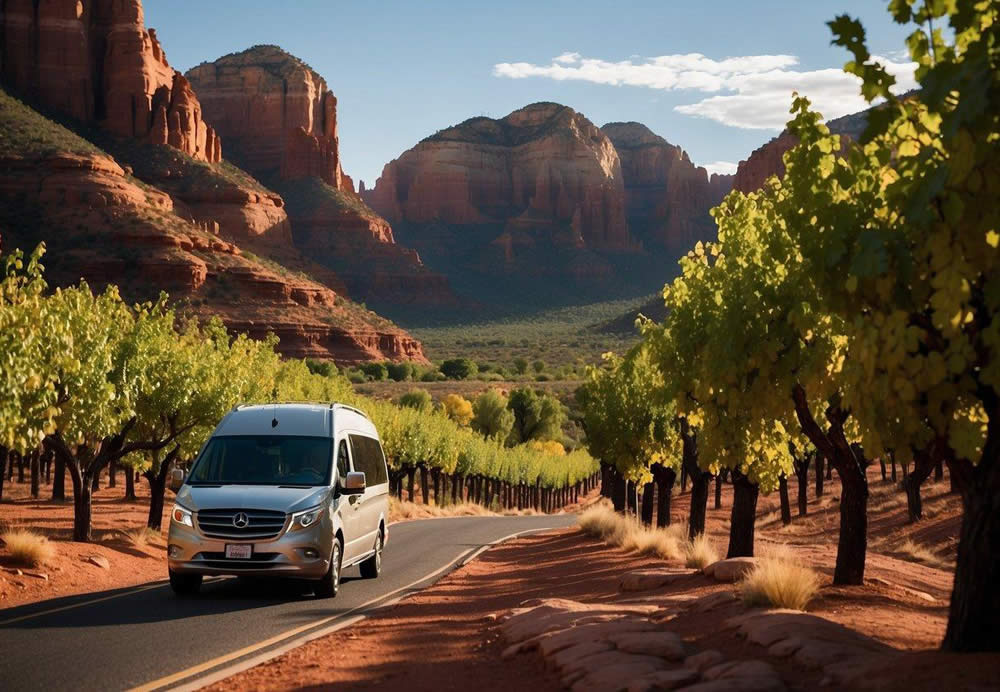 A luxury wine tour van drives through the scenic red rock landscape of Sedona, with vineyards and wineries in the background