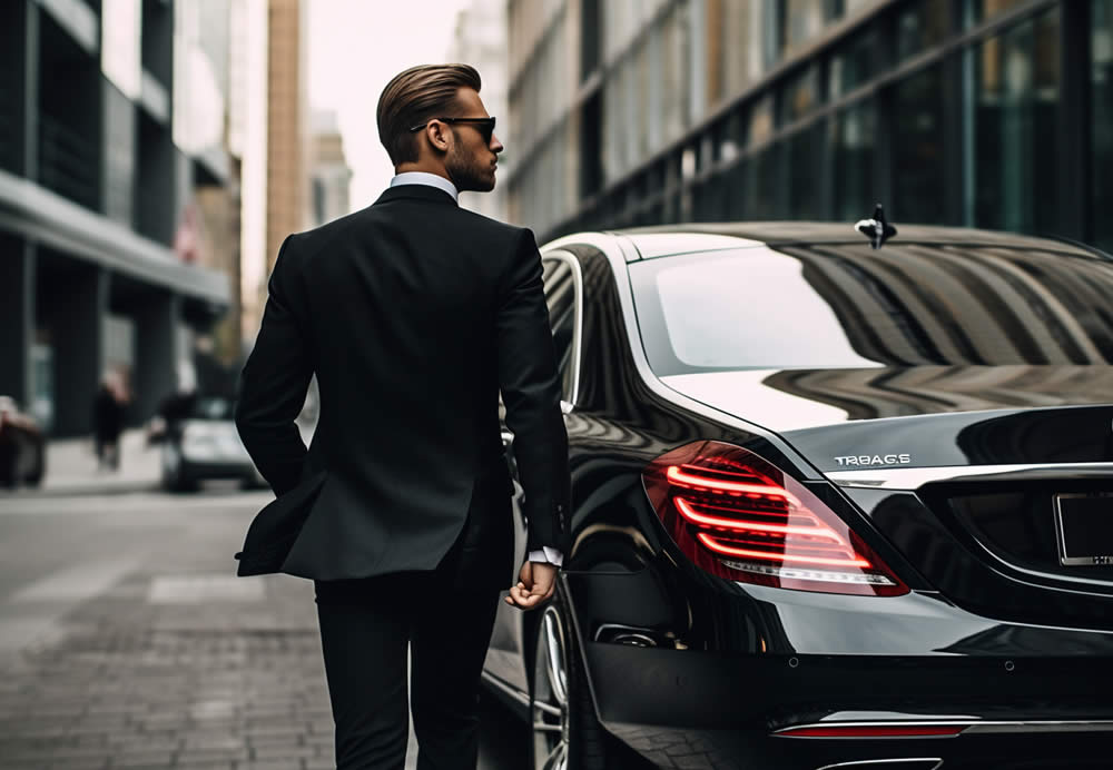 Man with bag besides luxury car