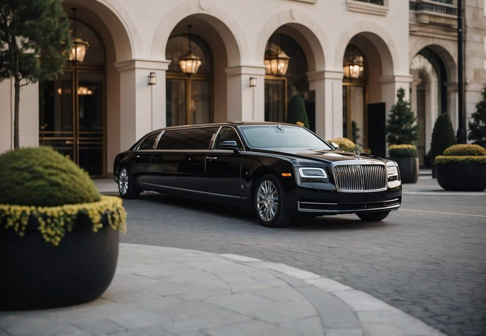 A sleek, black limousine pulls up to a grand hotel entrance, with a chauffeur holding the door open for a well-dressed executive