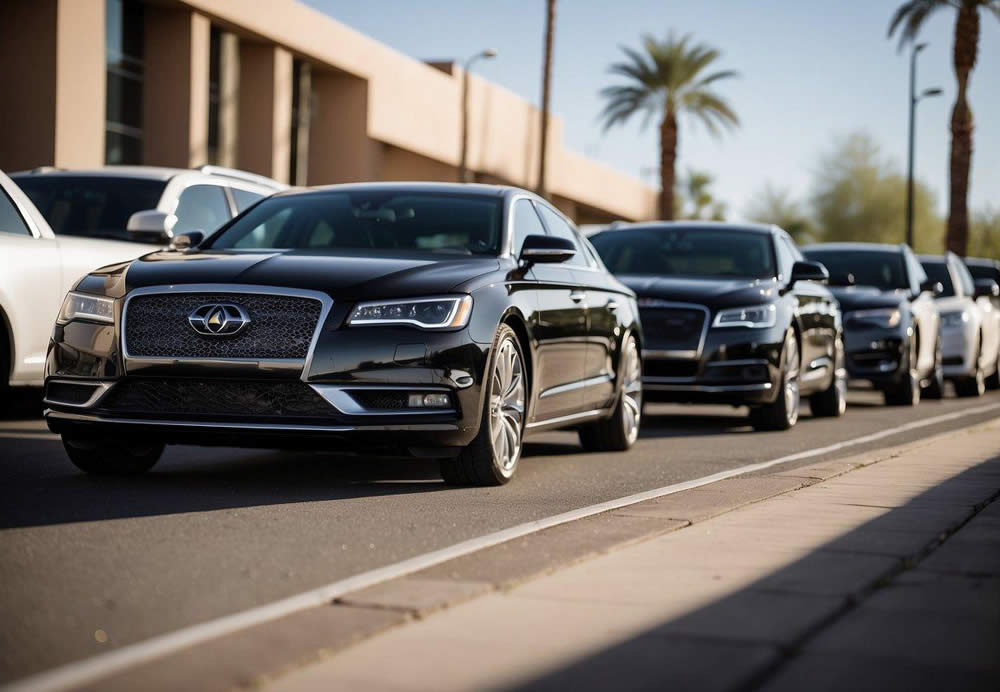 Luxury sedans and SUVs lined up in front of corporate offices in Tempe, Arizona. Company logos prominently displayed on vehicles. Sparkling clean and well-maintained fleet