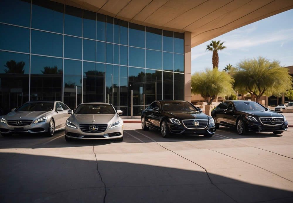 Luxury vehicles lined up outside a modern office building in Tempe, Arizona. A chauffeur stands by, ready to open the door for a client