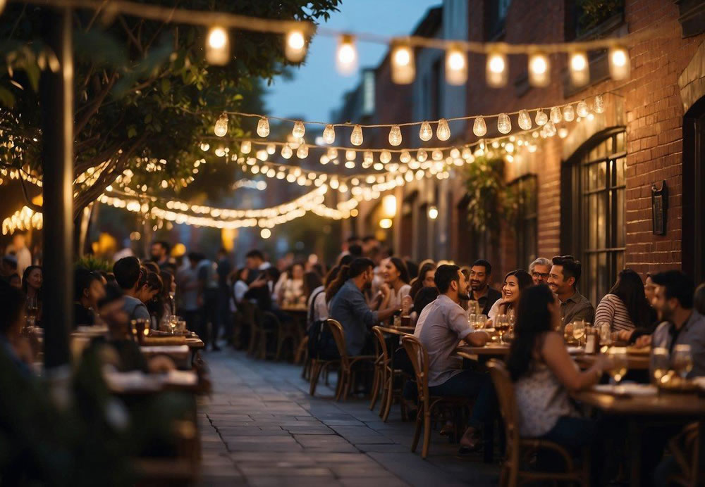 A bustling street filled with diverse restaurants, each with their own unique ambiance and cuisine. Patrons enjoy outdoor dining under string lights while others peek through windows at the mouth-watering dishes