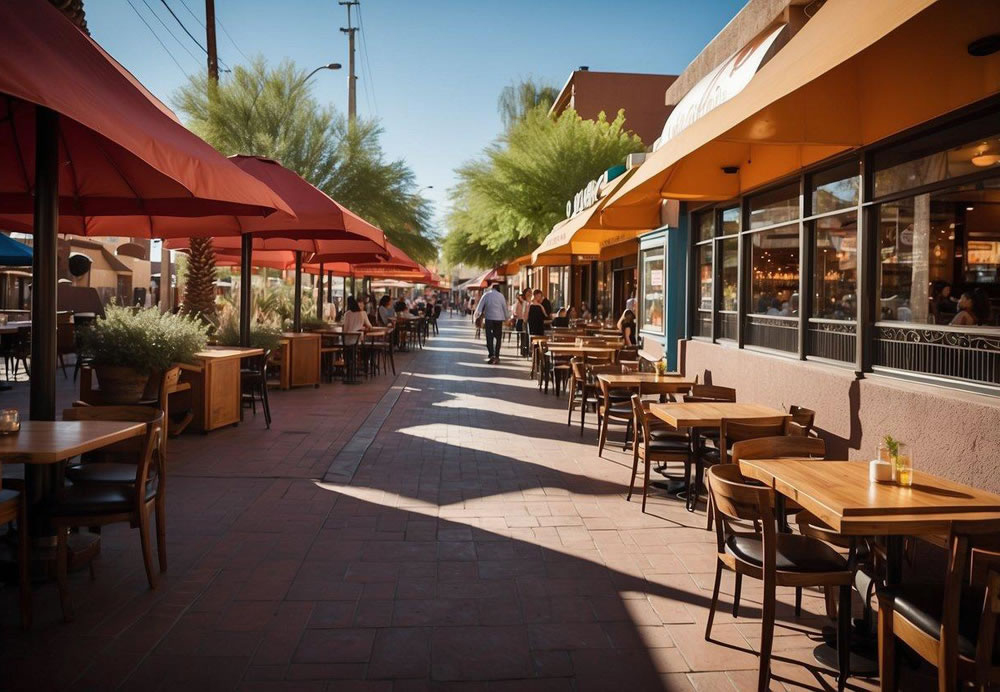 A bustling street lined with diverse restaurants, each with unique signage and outdoor seating. Customers enjoy a variety of cuisines, from Mexican to Asian fusion. The atmosphere is lively and vibrant, showcasing the local dining trends in Tempe, Arizona