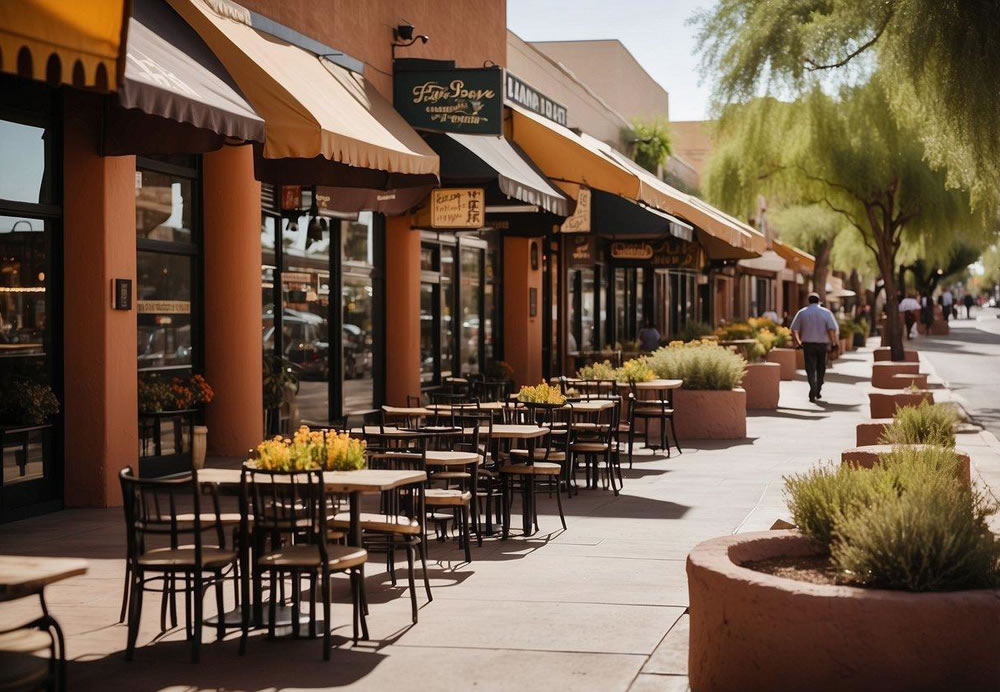 A bustling street lined with diverse restaurants, each with unique signage and outdoor seating, showcasing the vibrant culinary scene of Tempe, Arizona