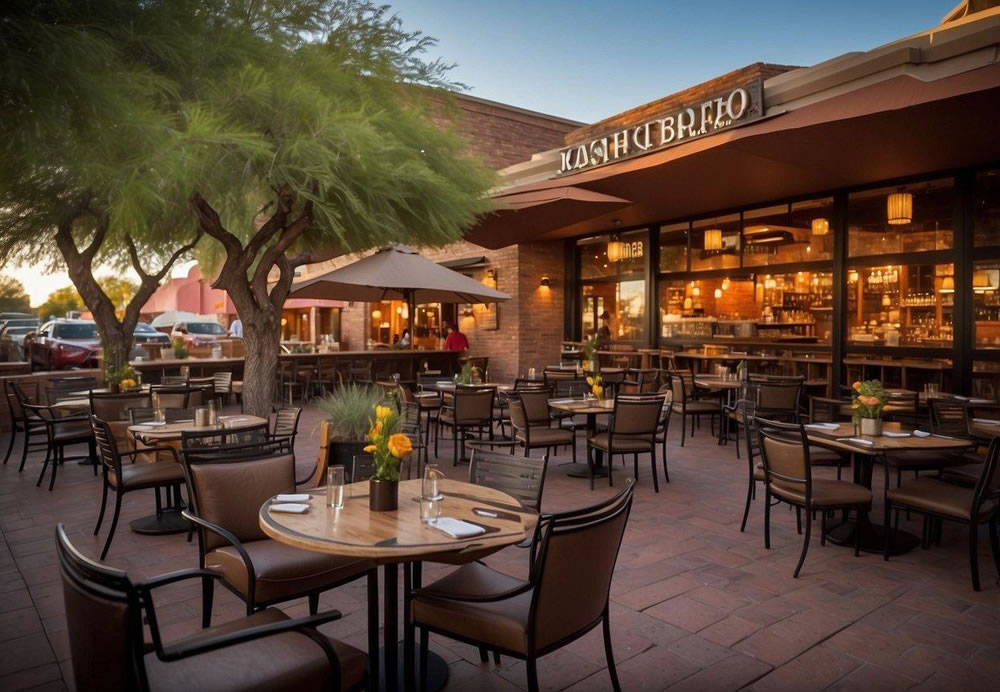 A bustling dining scene in Tempe, Arizona. Colorful decor, lively conversations, and delicious aromas fill the air. The top 10 restaurants offer diverse cuisines and cozy ambience