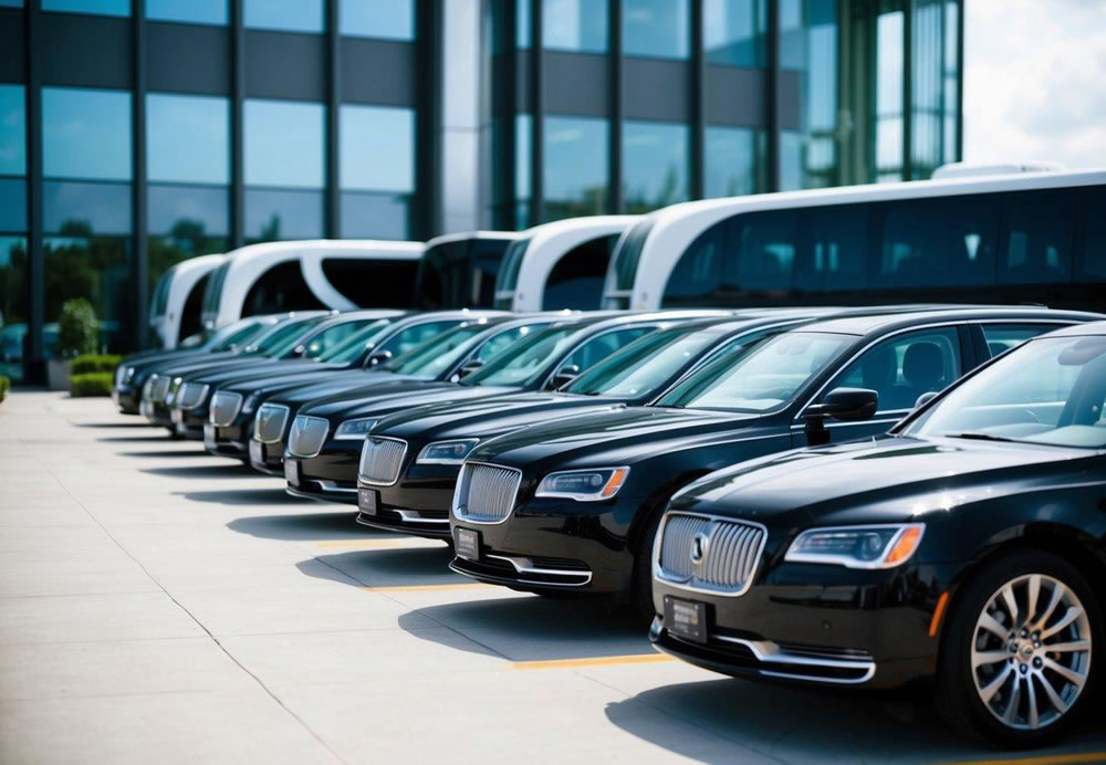 A fleet of sleek black sedans and luxury coaches lined up outside a modern office building, ready to transport corporate event attendees