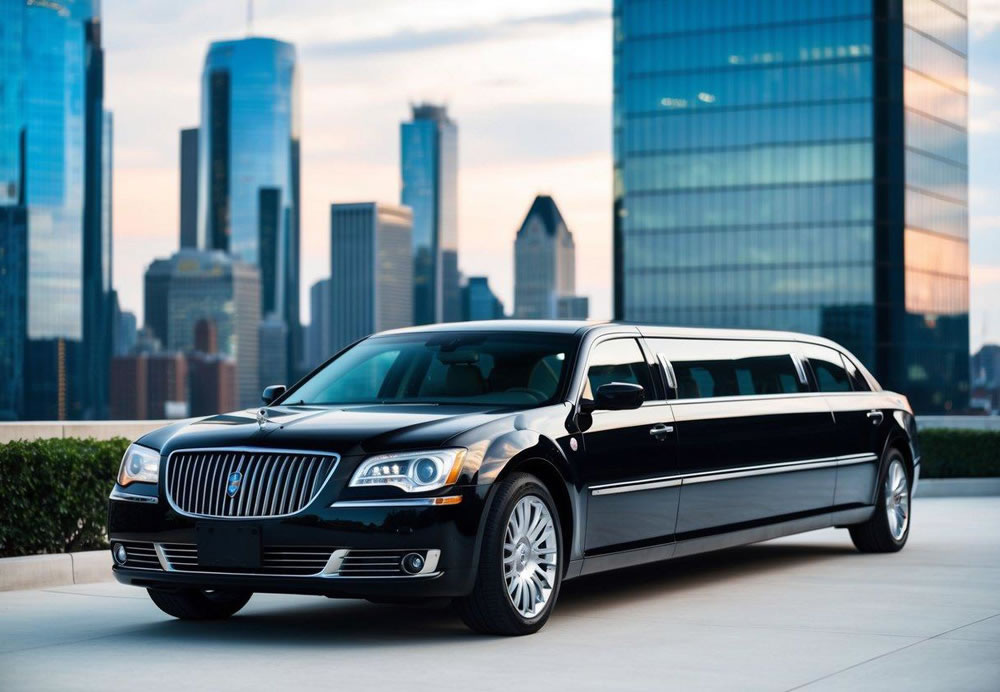 A sleek black limousine waits outside a modern office building, ready to transport corporate event attendees. The city skyline looms in the background