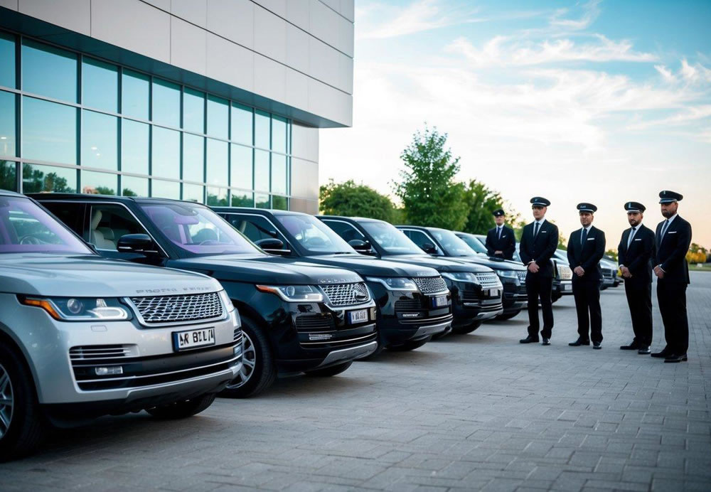 A line of luxury vehicles waiting outside a modern office building, with a team of drivers in professional uniforms standing by