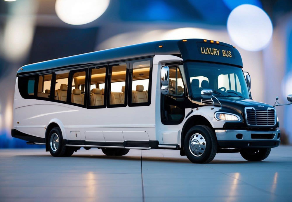 A luxury bus with plush seating and modern amenities transports corporate event attendees in comfort and style