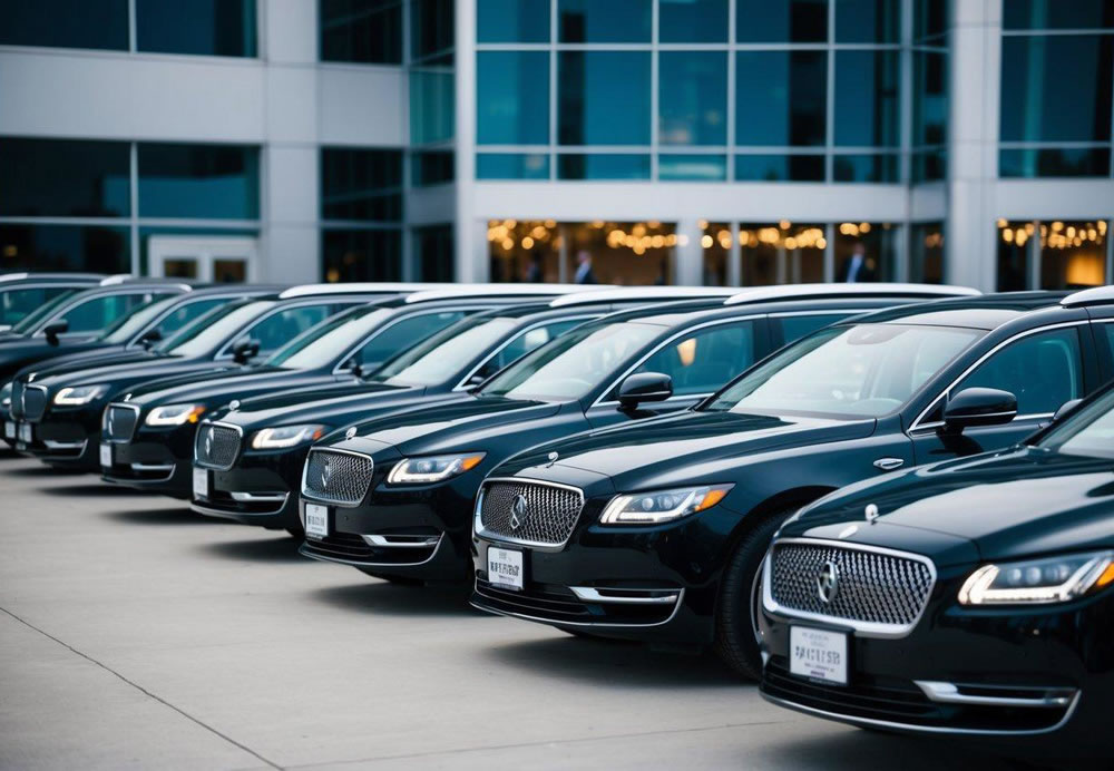 A fleet of sleek, black luxury vehicles lined up outside a corporate event venue, ready to transport attendees