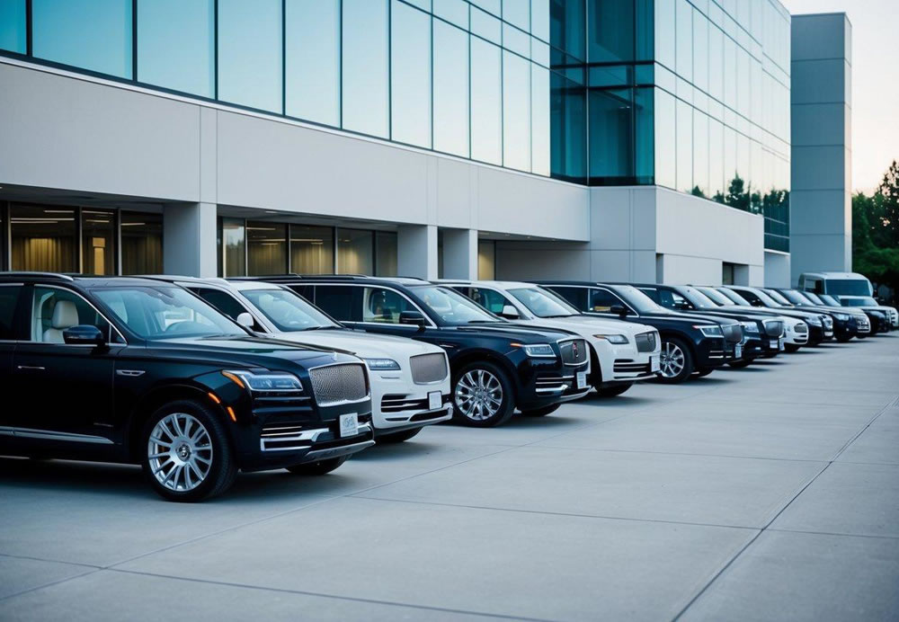 A line of luxury vehicles waits outside a modern office building, ready to transport corporate event attendees