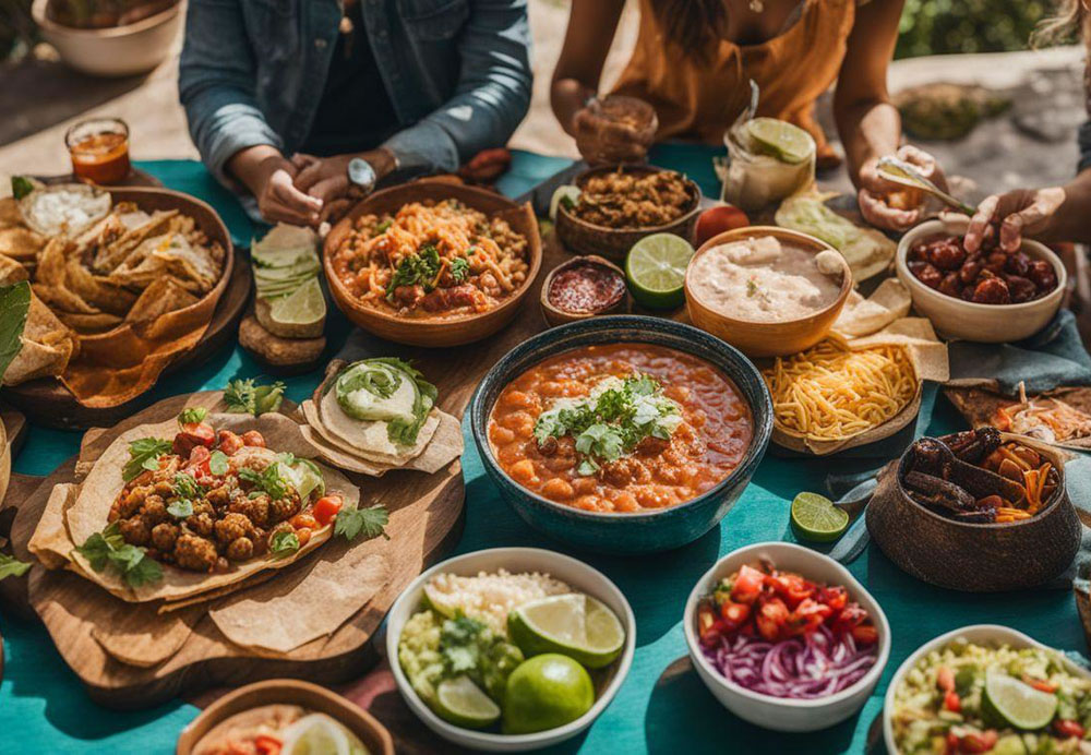 A group of people sitting around a table with food