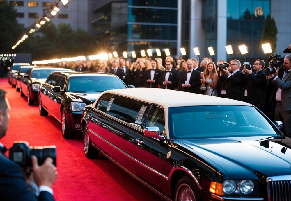 A sleek, black limousine cruises down a city street, reflecting the glow of neon lights and skyscrapers