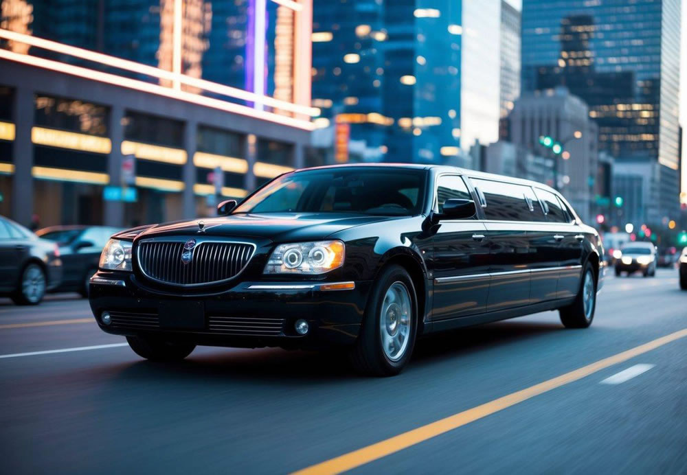 A sleek, black limousine cruises down a city street, reflecting the glow of neon lights and skyscrapers