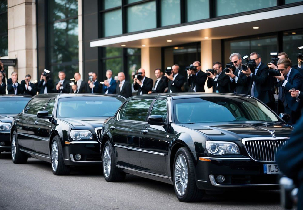 A line of sleek, black limousines parked outside a luxury hotel, surrounded by flashing cameras and admiring onlookers