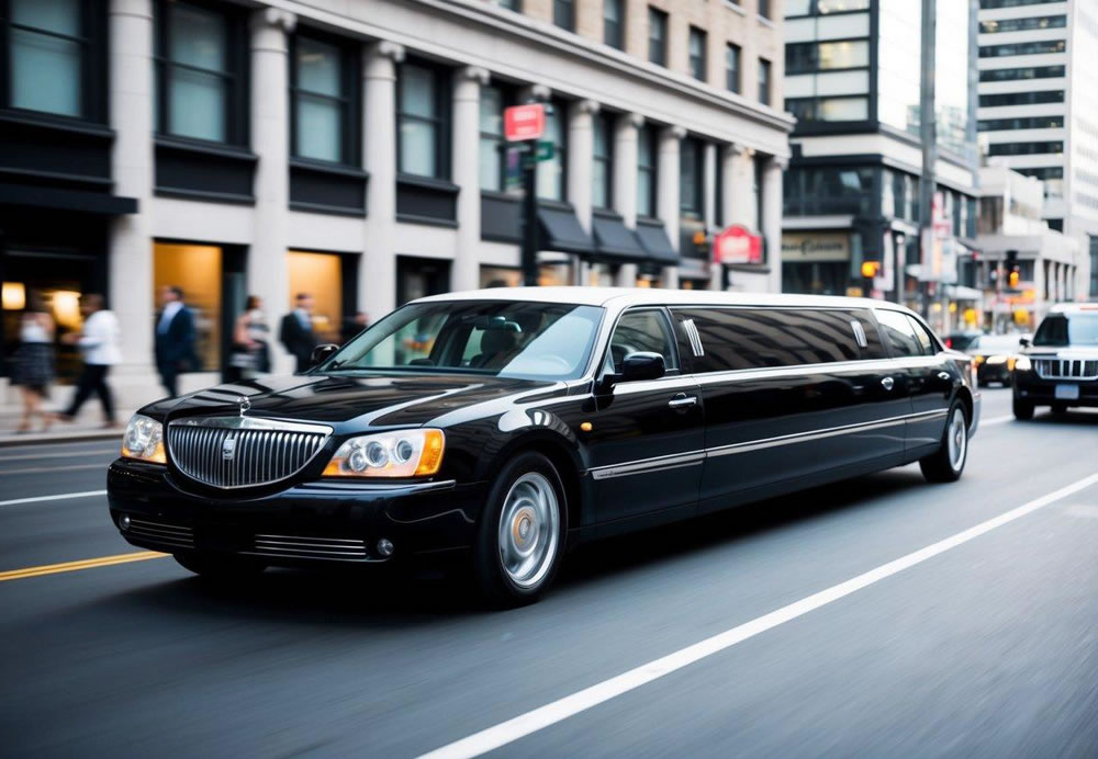 A sleek, black limousine glides through a bustling city street, turning heads and exuding luxury. The vehicle's long, elegant frame and tinted windows hint at its enduring popularity