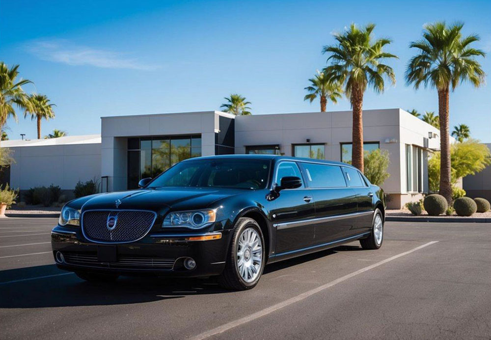 A sleek black limousine parked outside a modern building in Tempe, Arizona, with palm trees and a clear blue sky in the background