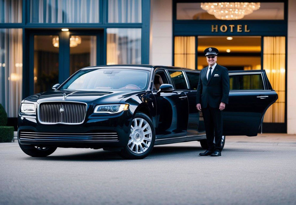 A sleek limousine parked in front of a luxury hotel with a chauffeur standing by the open door