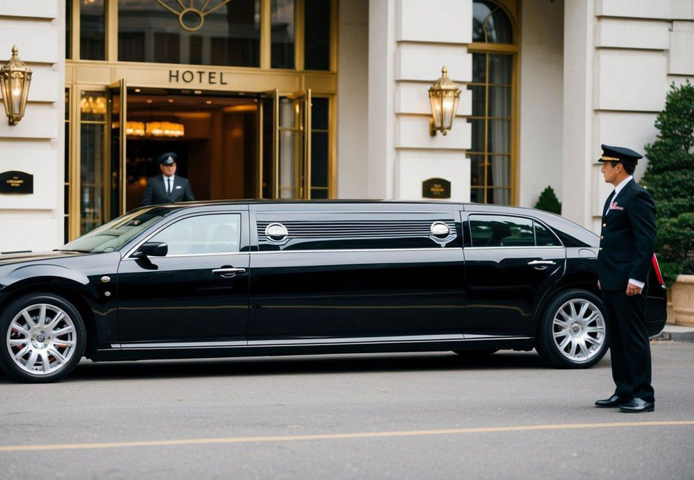 A sleek black limousine pulls up to a grand hotel entrance, with a driver standing by, ready to open the door