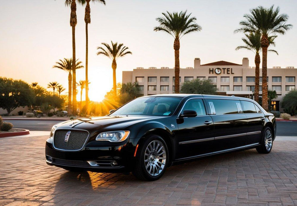 A sleek black limousine parked outside a luxury hotel, surrounded by palm trees and the warm glow of the Arizona sun