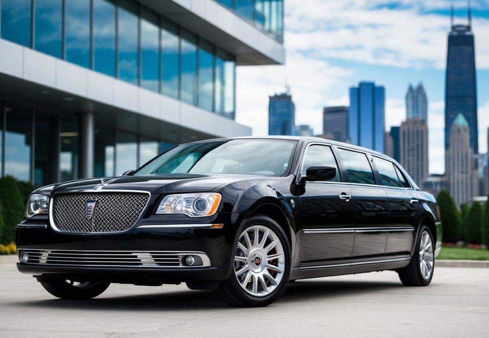 A sleek black limousine parked in front of a modern building with the city skyline in the background