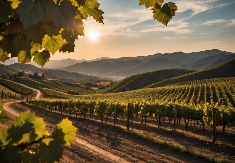 A scenic vineyard overlooks rolling hills. A tour bus waits in the foreground. The sun sets behind the mountains, casting a warm glow over the landscape