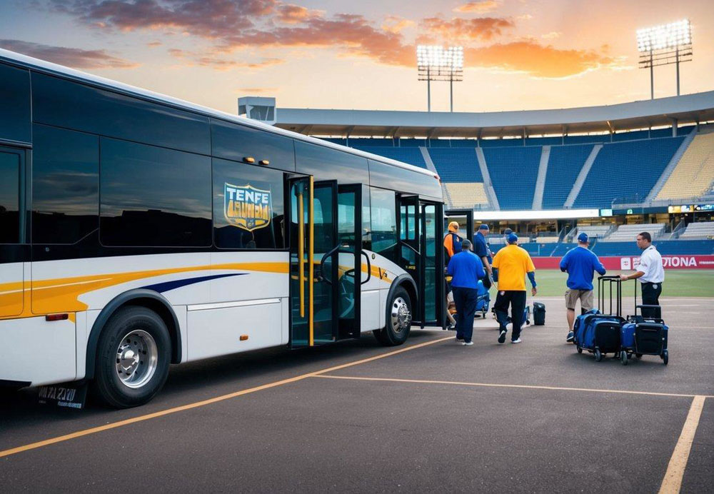 A charter bus parked outside a sports stadium in Tempe, Arizona, with fans boarding and sports equipment being loaded onto the bus