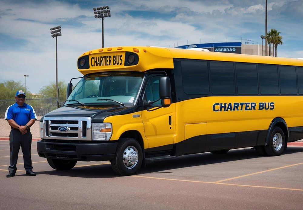 A charter bus parked outside a sports stadium in Tempe, Arizona, with a driver standing by ready to transport fans to and from the event