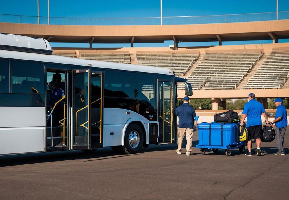 A charter bus parked outside a sports stadium in Tempe, Arizona, with fans boarding and sports equipment being loaded onto the bus