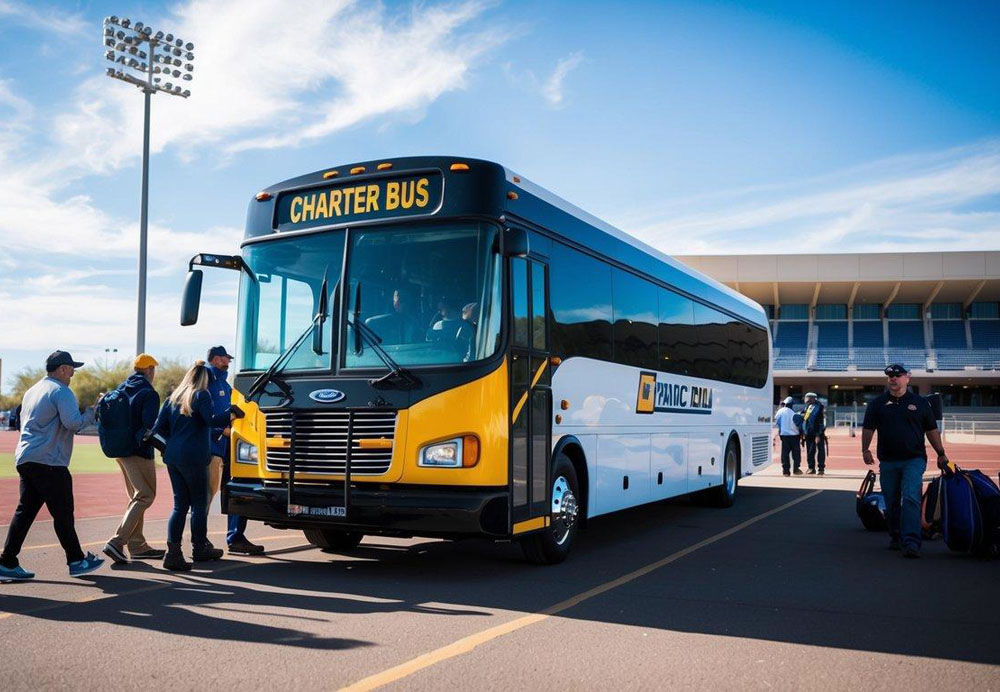 A charter bus parked outside a sports stadium in Tempe, Arizona, with enthusiastic fans boarding and loading sports equipment