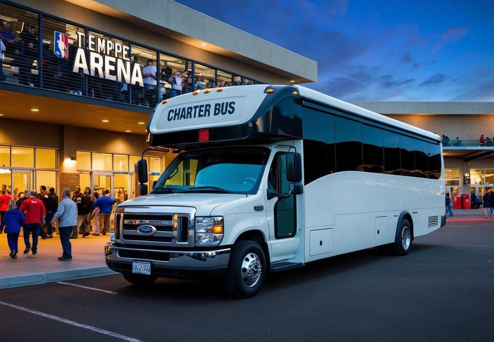 A charter bus parked outside a sports arena in Tempe, Arizona, with fans entering the venue and a bustling atmosphere