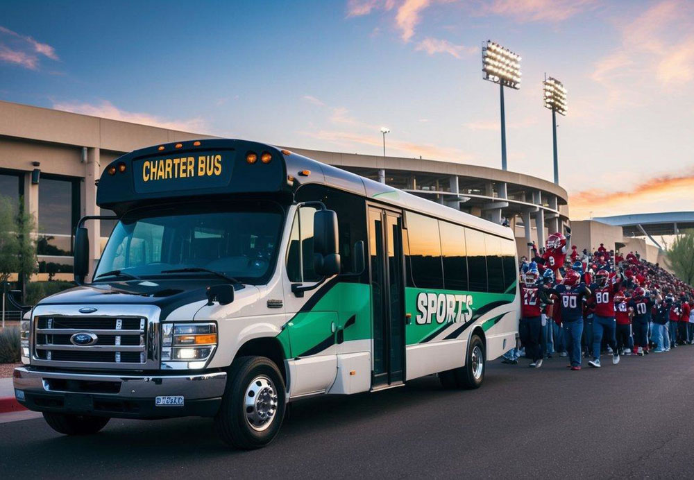 A charter bus parked outside a sports stadium in Tempe, Arizona, with fans in team colors boarding and cheering