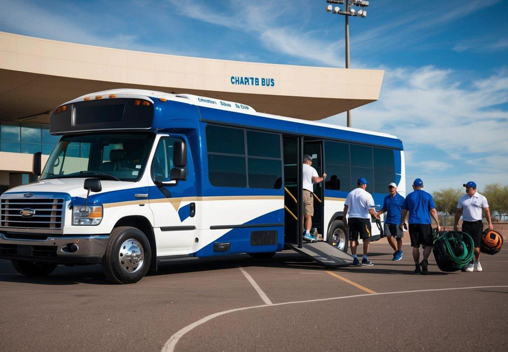 A charter bus parked outside a sports stadium in Tempe, Arizona, with a group of people boarding and unloading sports equipment