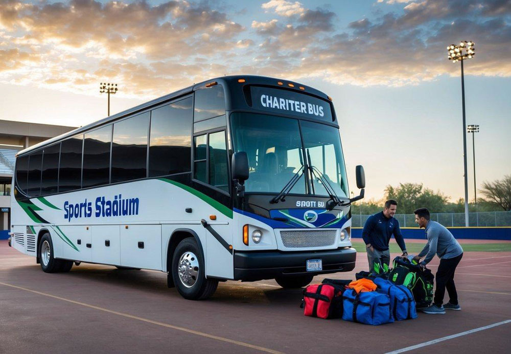 A charter bus parked outside a sports stadium in Tempe, Arizona, with a group of people unloading sports equipment and gear