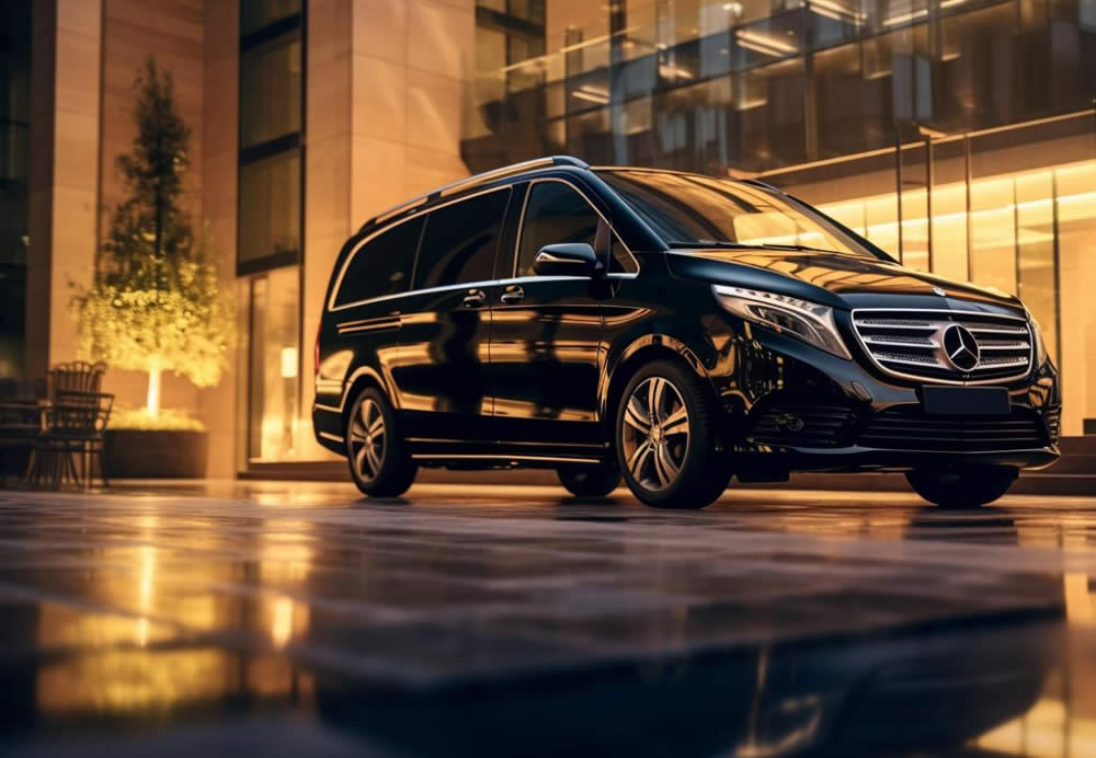 Van parked in front of a building